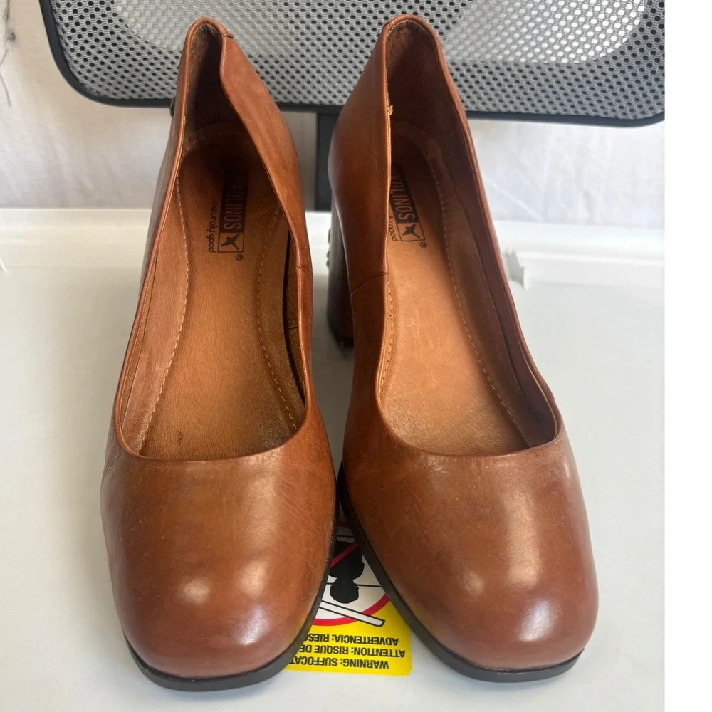 Pikolinos Pumps Womens 8.5 Brown Leather Embroidered Floral Block Heel Round Toe
